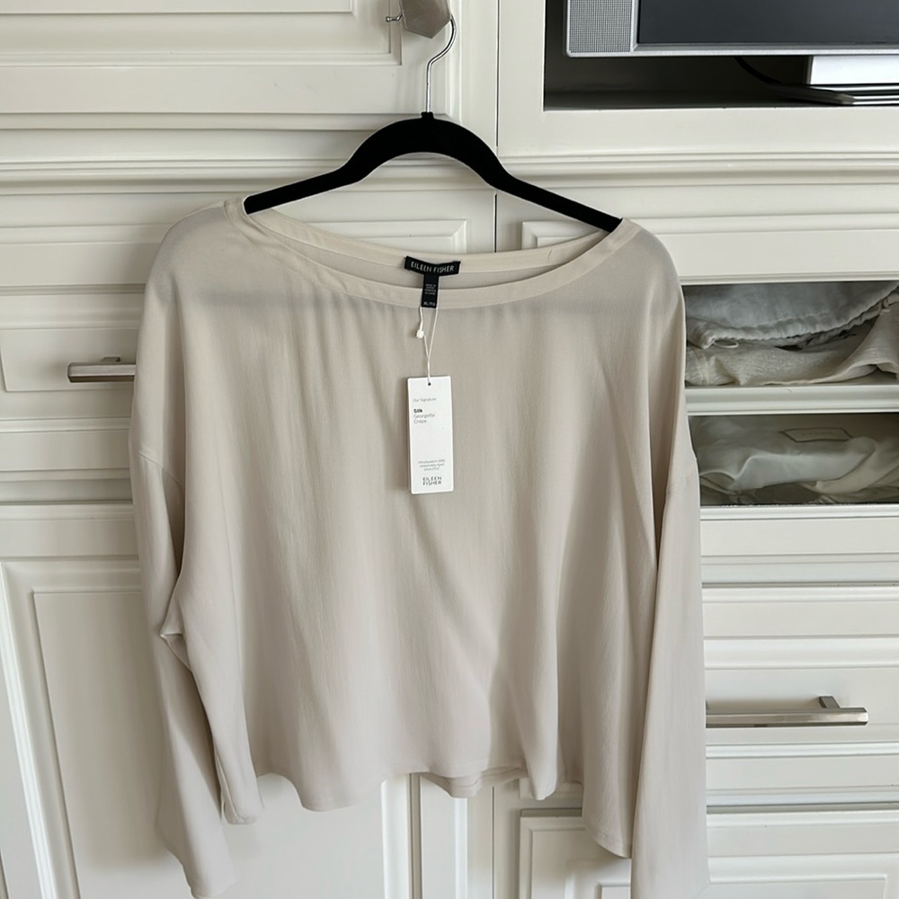 Eileen Fisher XL Silk Georgette Crepe Bone Ballet Neck Top Brand new